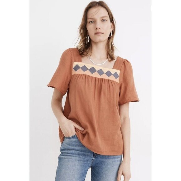 Madewell Womens $80 Patchwork Square Neck Top Burnt Clay Size XXS AK024 - Picture 1 of 5